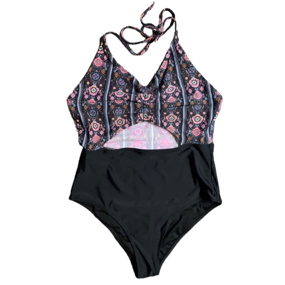 Cupshe Black Monokini Floral Print Backless Cut Out One Piece Bathing Su…